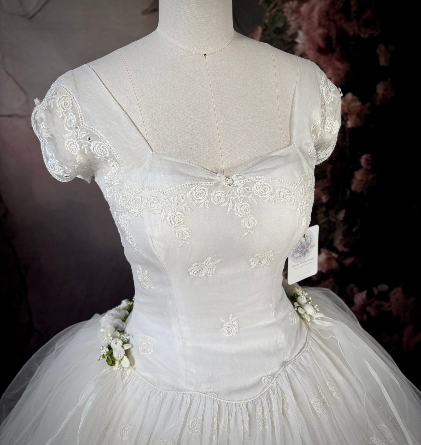 1950s Rose Embroidered Wedding Dress, w/Silk Buttons & Sweeping Train
