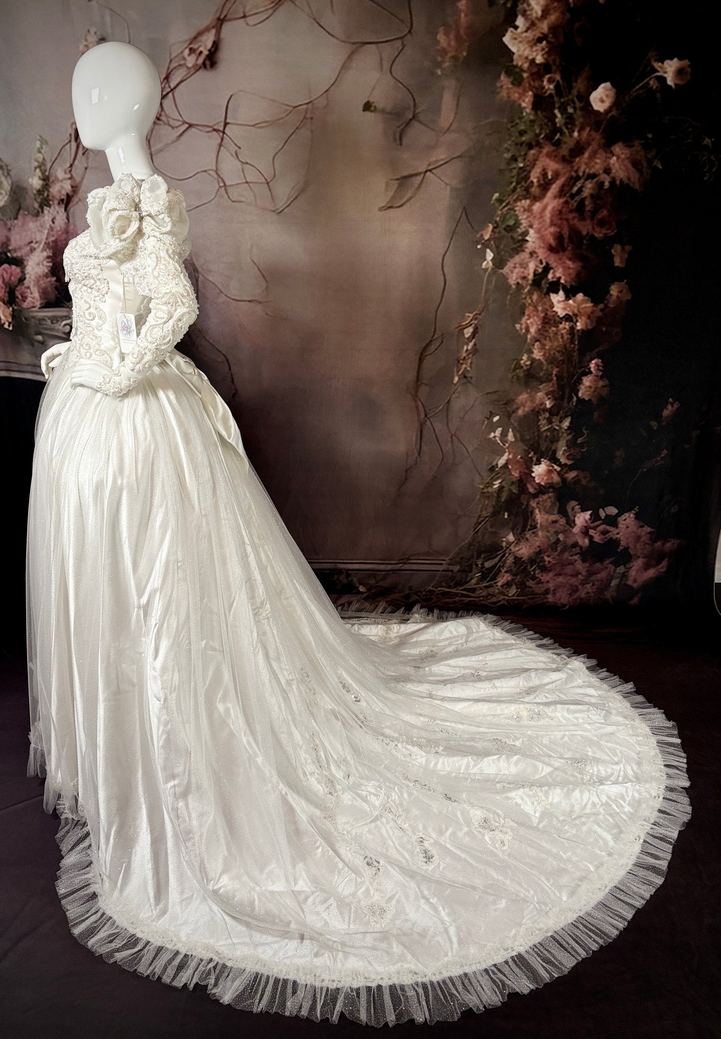 1980s Reimagined "Marie Antoinette" Satin & Glitter Tulle Wedding Dress w/Trailing Train