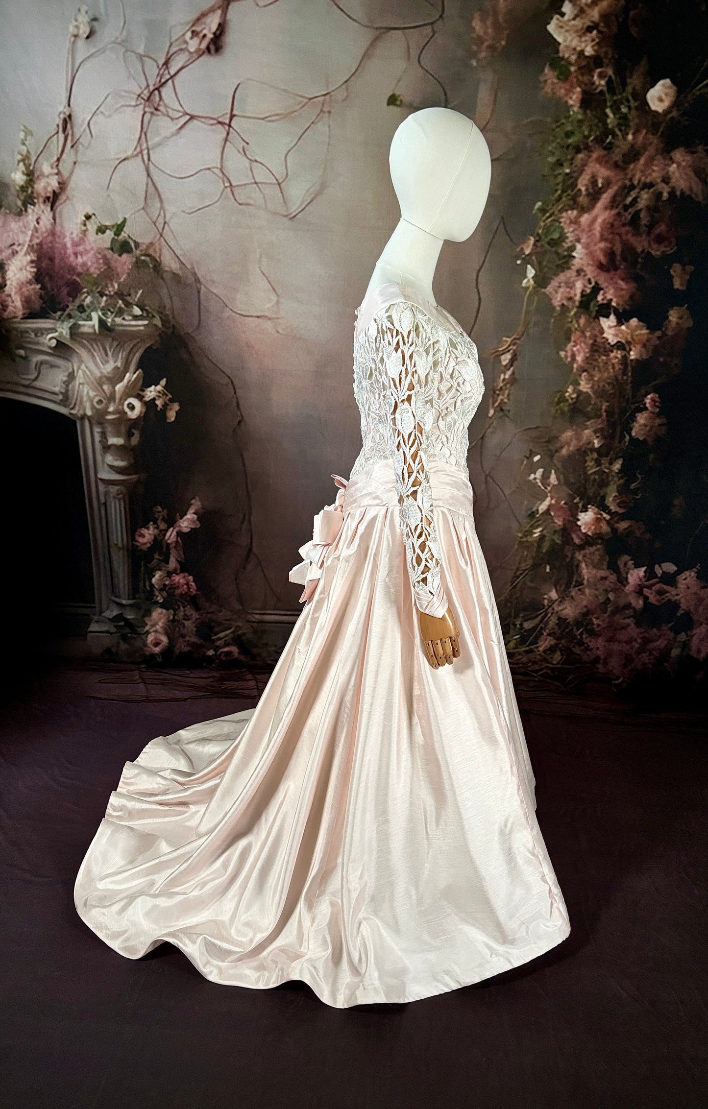 1998 Shantung & Beaded Venice Lace Wedding Dress in Blush Pink w/Sweeping Train