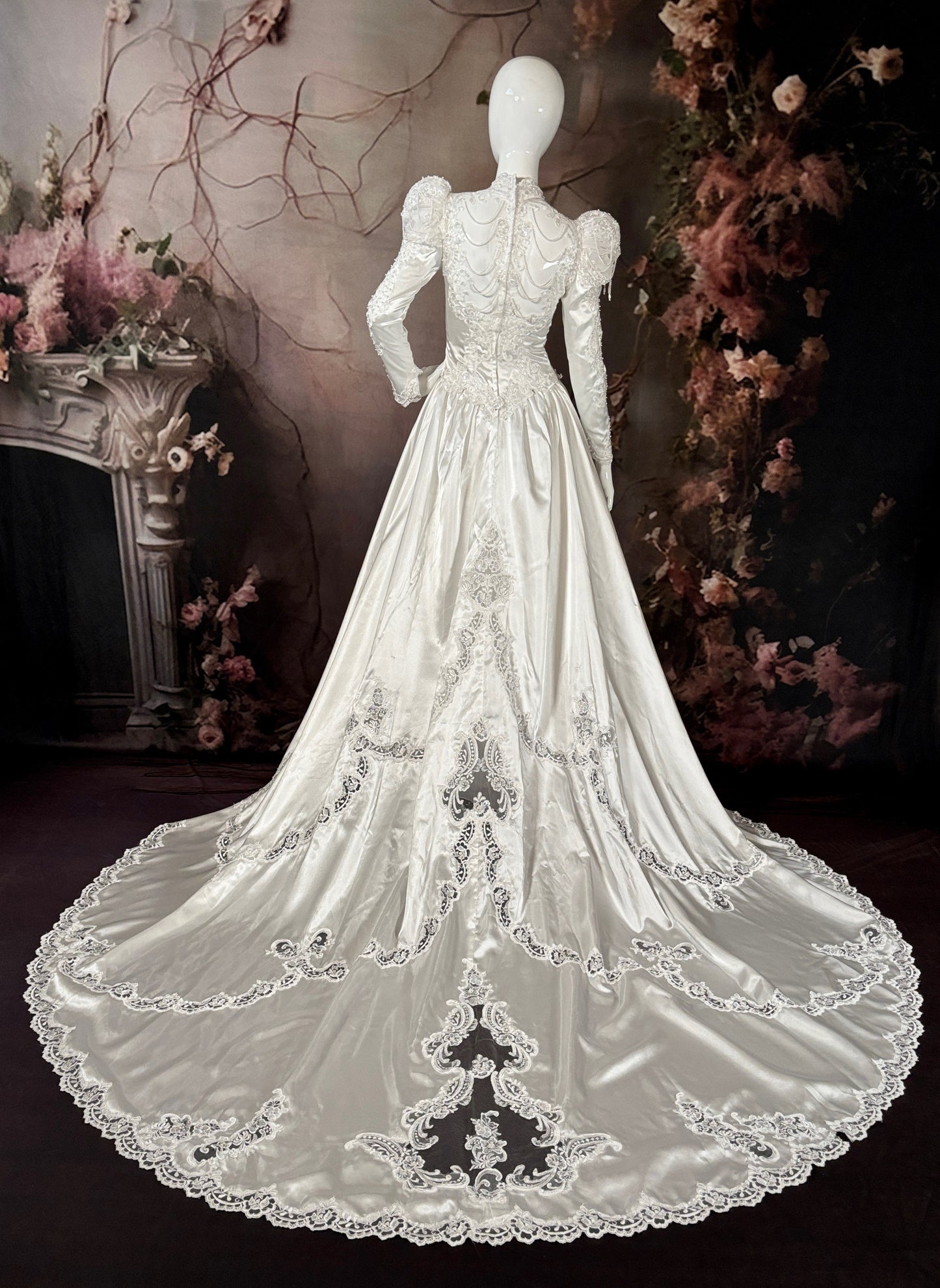 1980's Satin Wedding Dress w/Beaded Puff Sleeves & Cathedral Train