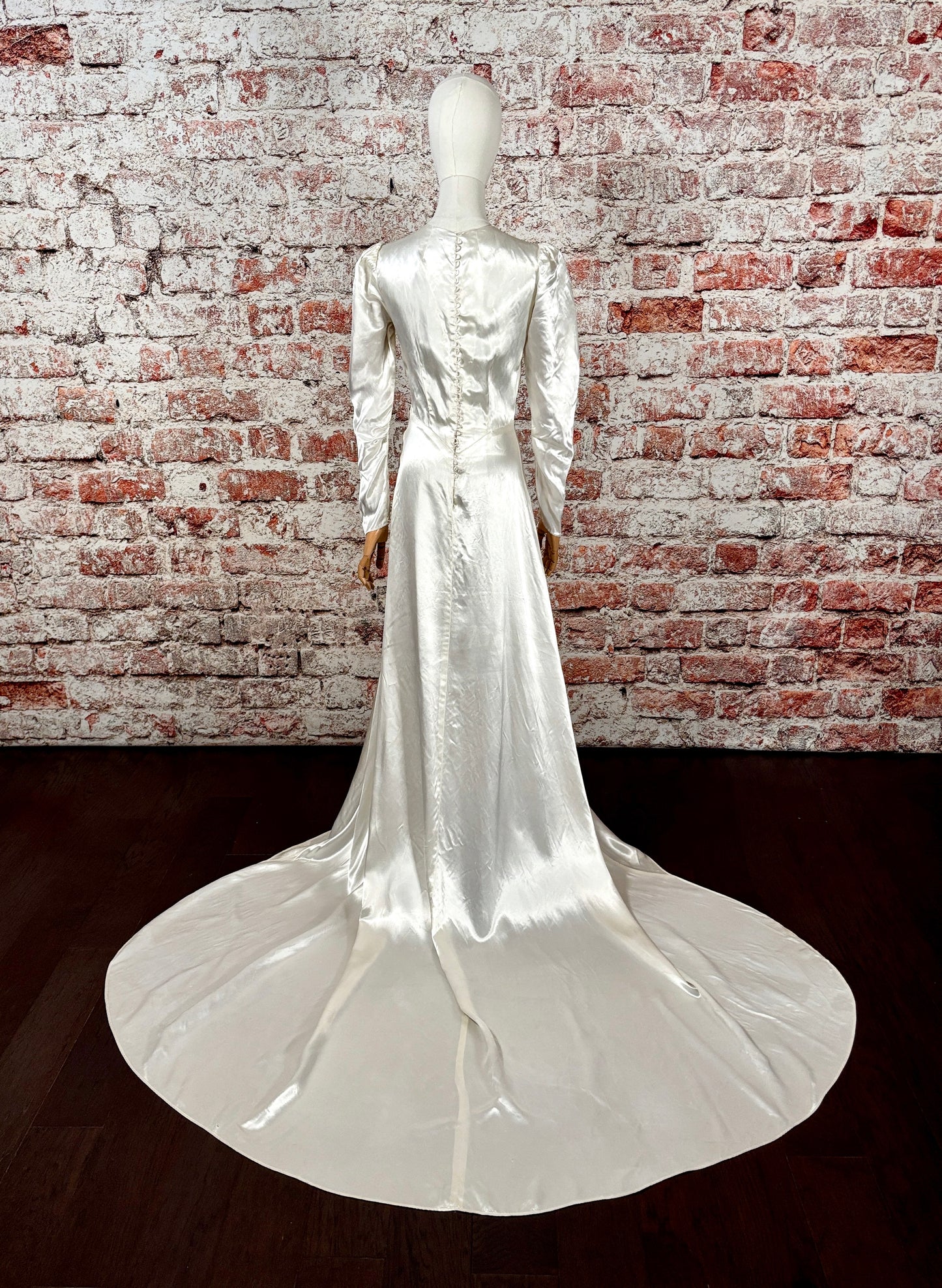 1930s Bias-Cut Charmeuse Satin Wedding Dress w/Sweeping Train