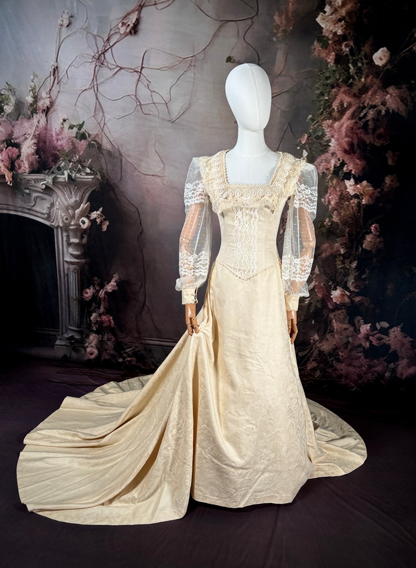 Victorian Inspired Wedding Dress Ensemble w/Matching Veil & Trailing Train