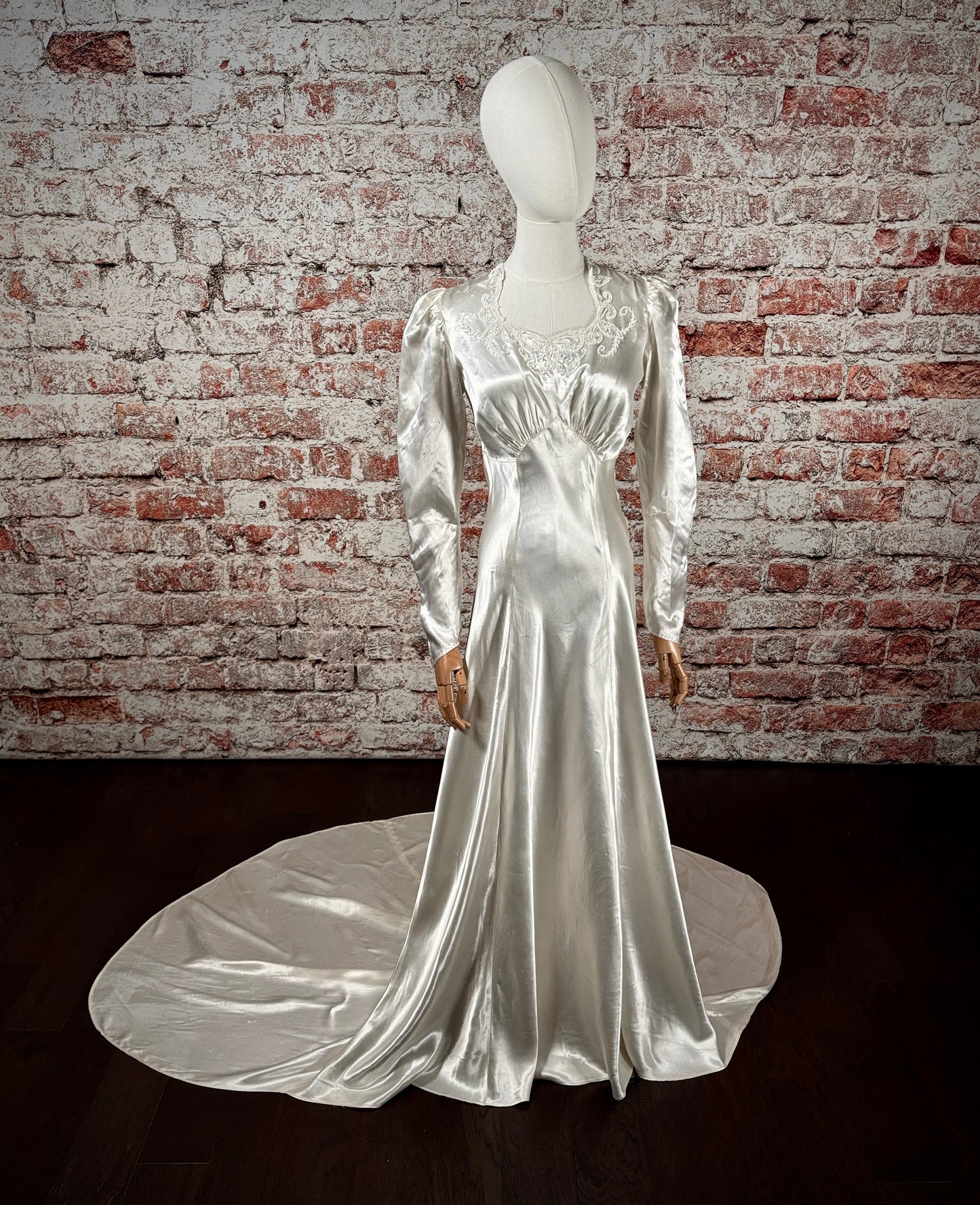 1930s Bias-Cut Charmeuse Satin Wedding Dress w/Sweeping Train