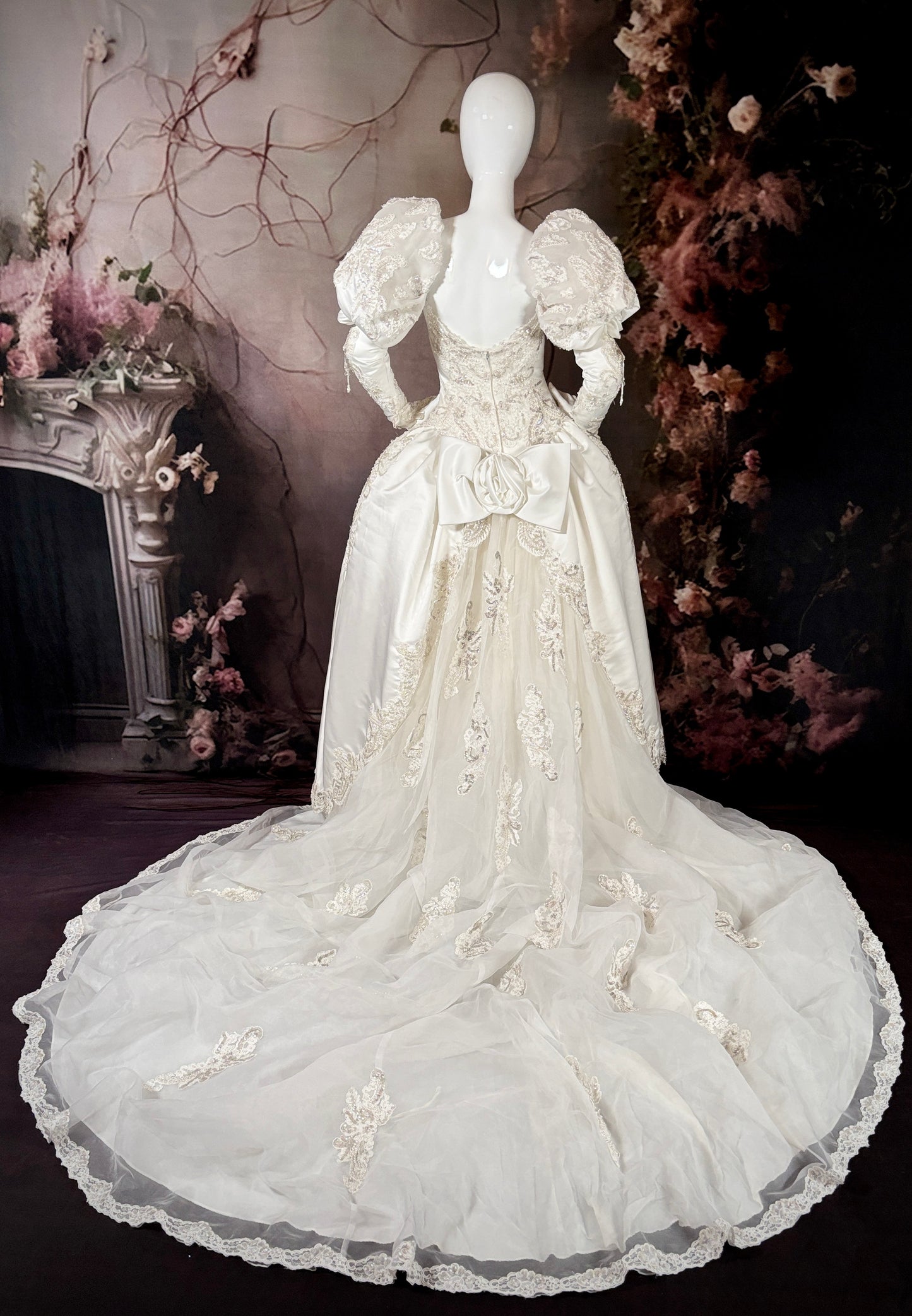 1980s Duchess Satin Wedding Dress w/Juliet Puff Sleeves & Trailing Train