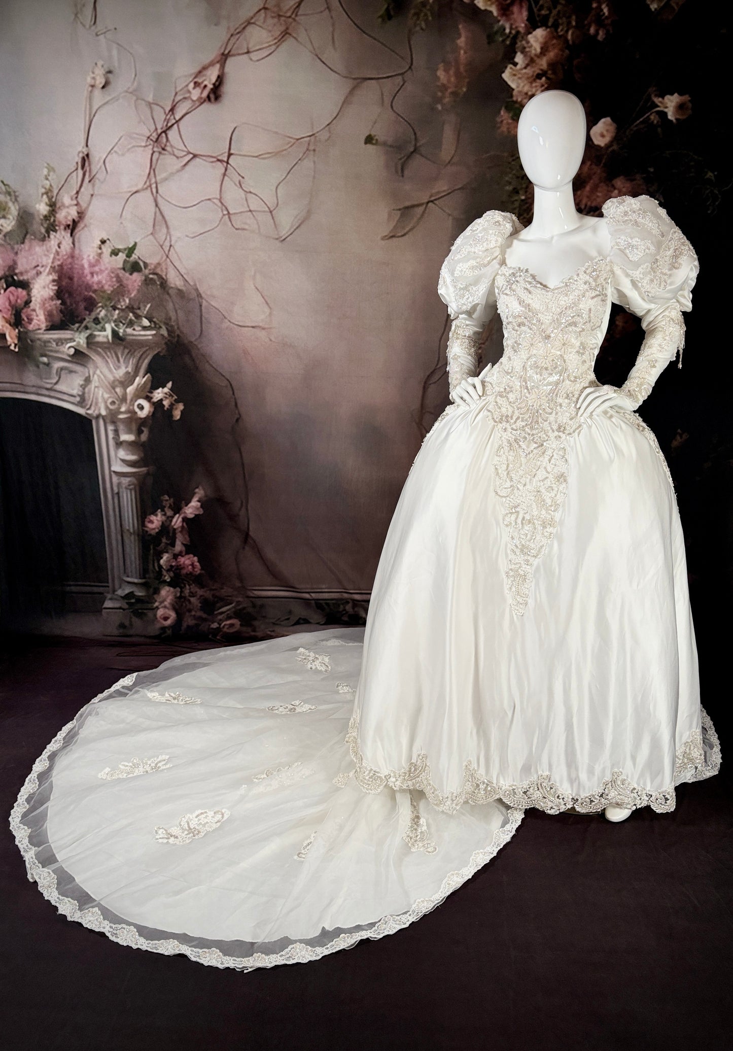 1980s Duchess Satin Wedding Dress w/Juliet Puff Sleeves & Trailing Train