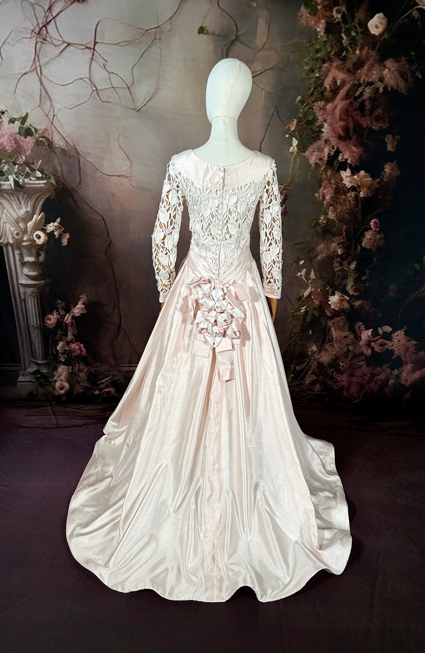 1998 Shantung & Beaded Venice Lace Wedding Dress in Blush Pink w/Sweeping Train