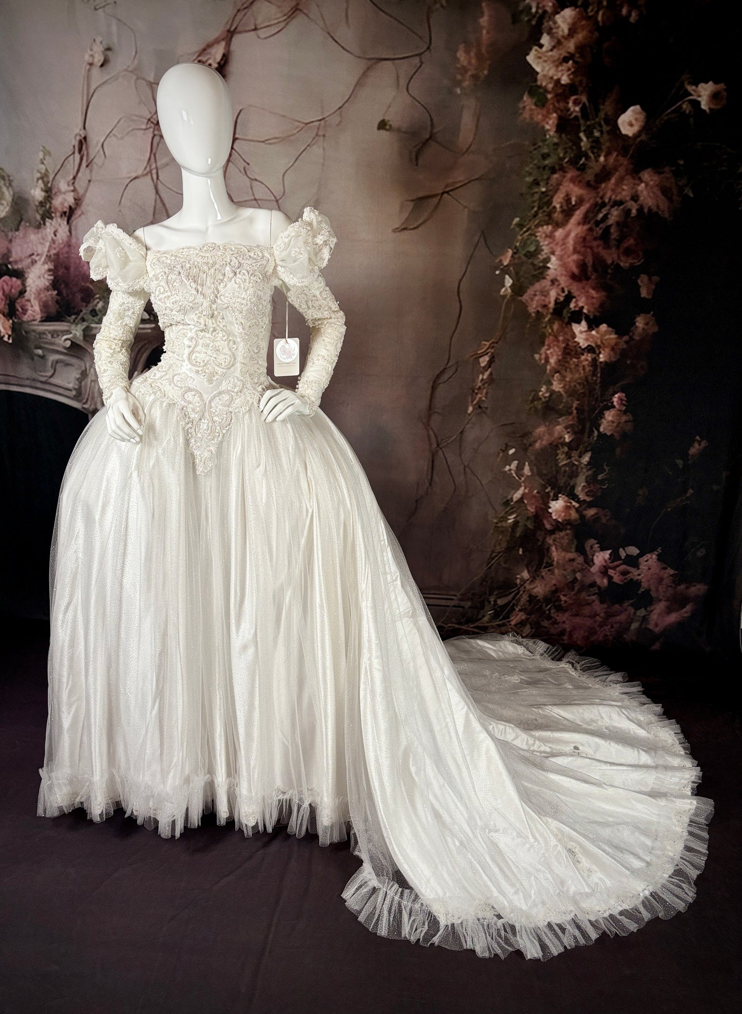 1980s Reimagined "Marie Antoinette" Satin & Glitter Tulle Wedding Dress w/Trailing Train