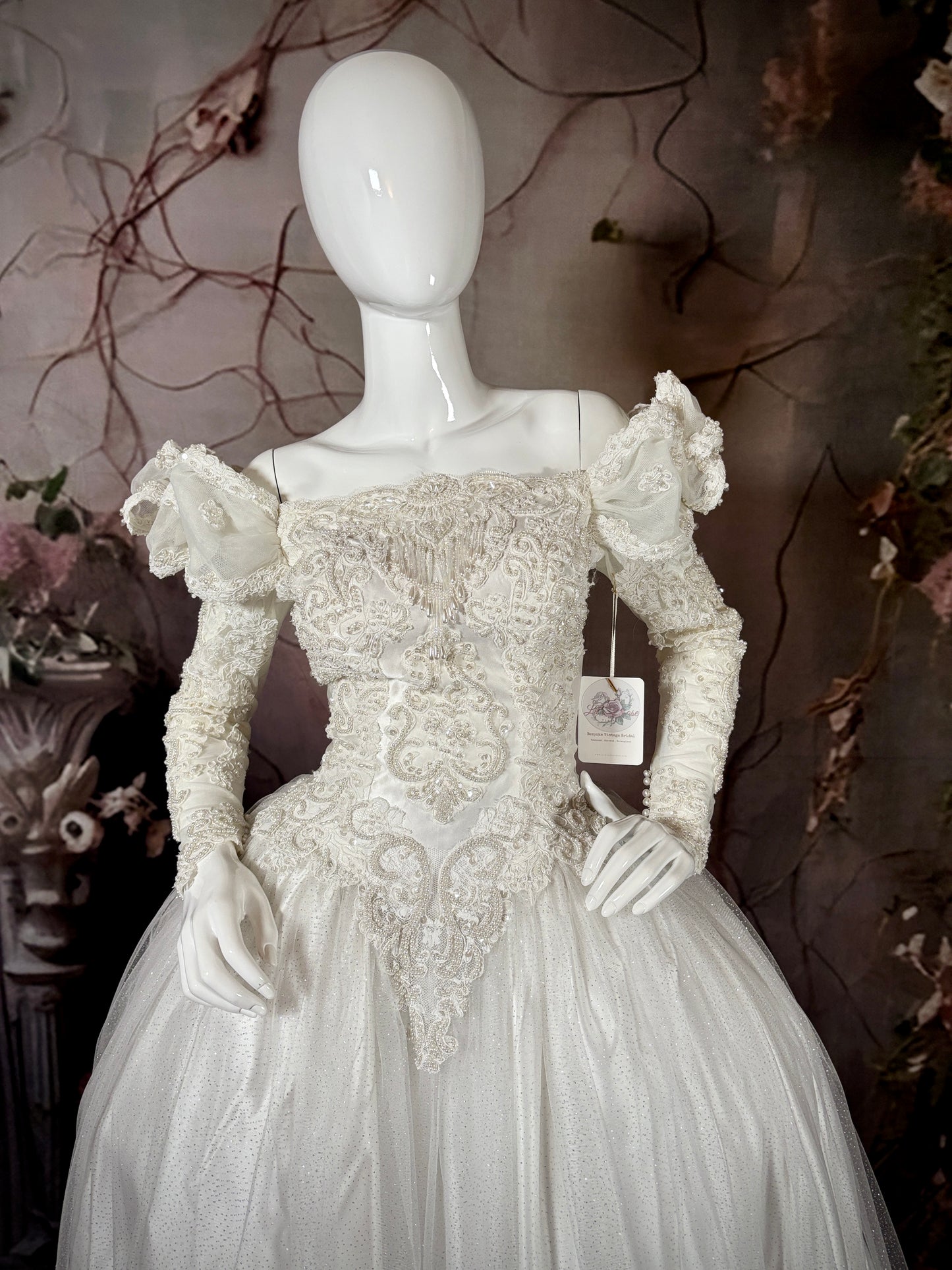 1980s Reimagined "Marie Antoinette" Satin & Glitter Tulle Wedding Dress w/Trailing Train