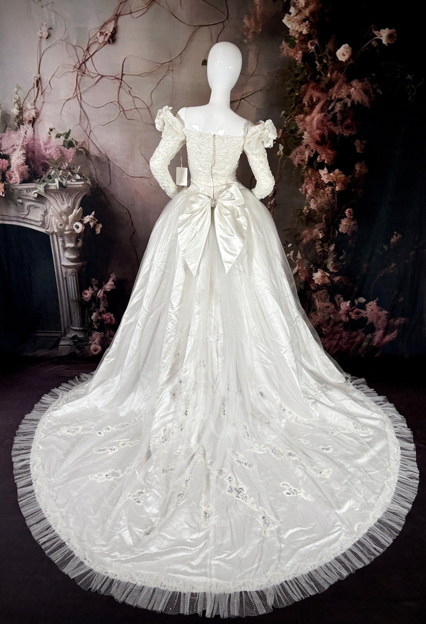 1980s Reimagined "Marie Antoinette" Satin & Glitter Tulle Wedding Dress w/Trailing Train