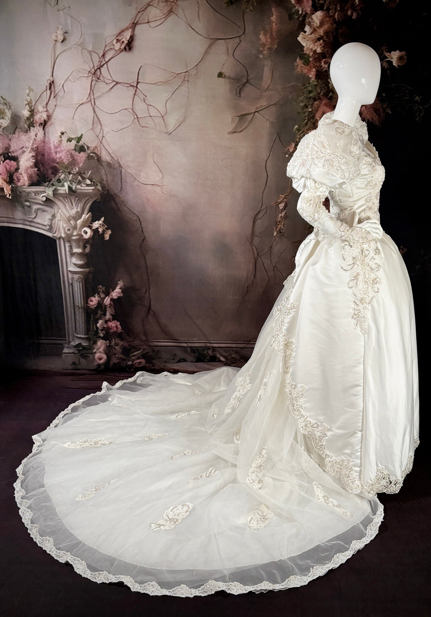 1980s Duchess Satin Wedding Dress w/Juliet Puff Sleeves & Trailing Train