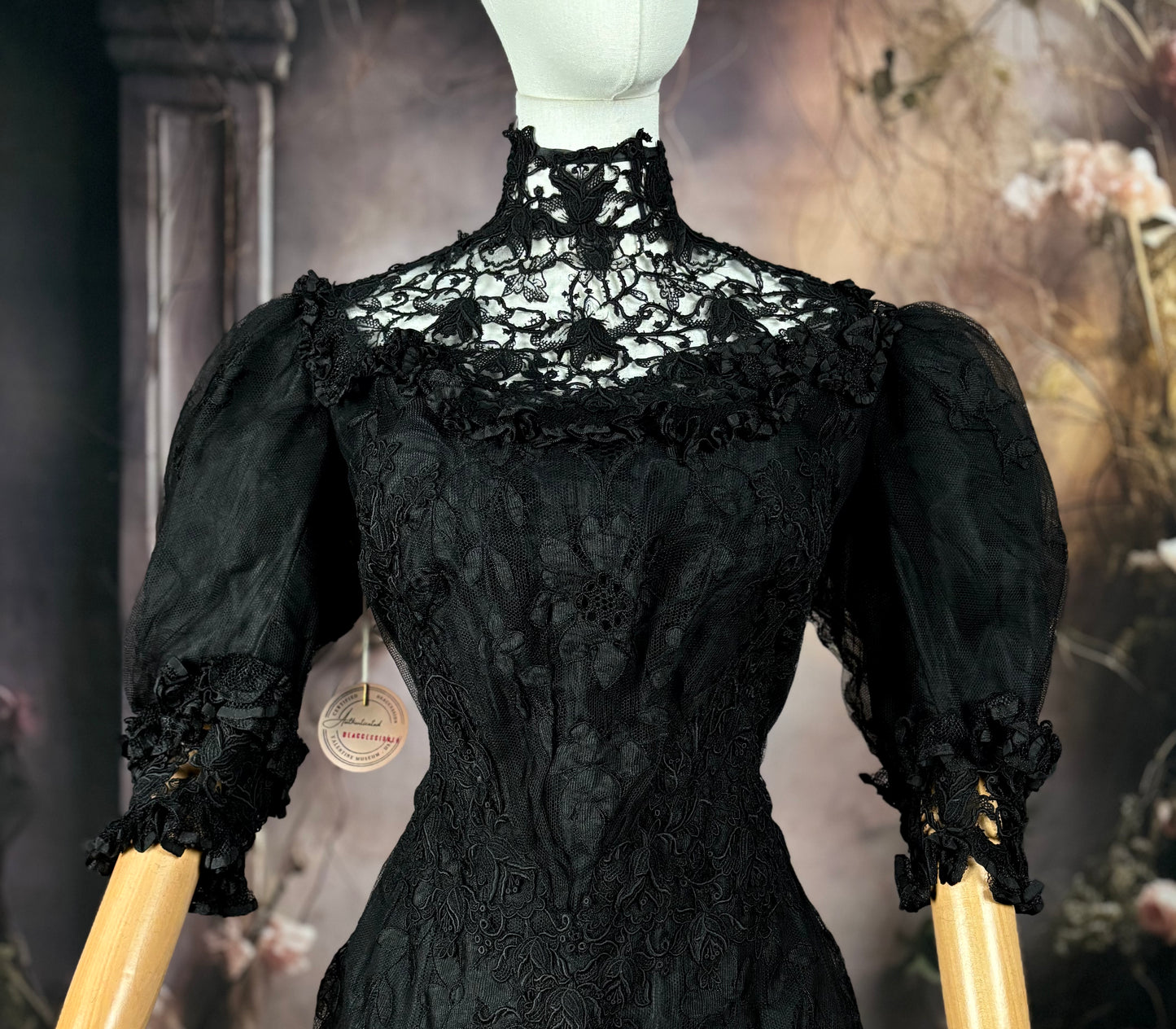 1800s Victorian Black Mourning Gown, Silk & Lace Vintage Dress Sz M/L “Museum Pc