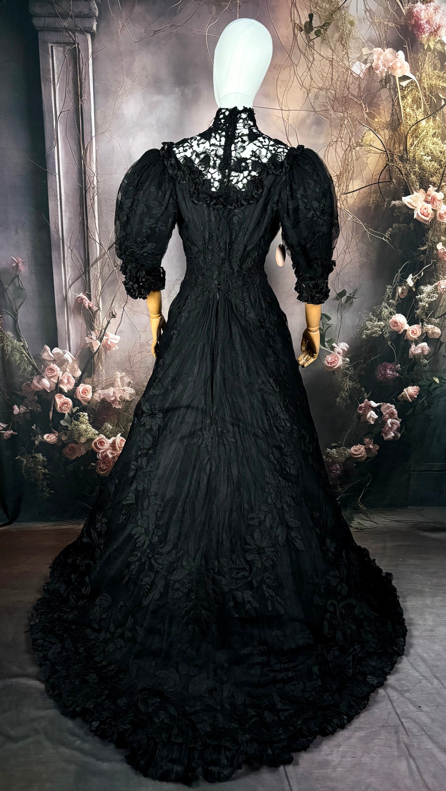 1800s Victorian Black Mourning Gown, Silk & Lace Vintage Dress Sz M/L “Museum Pc