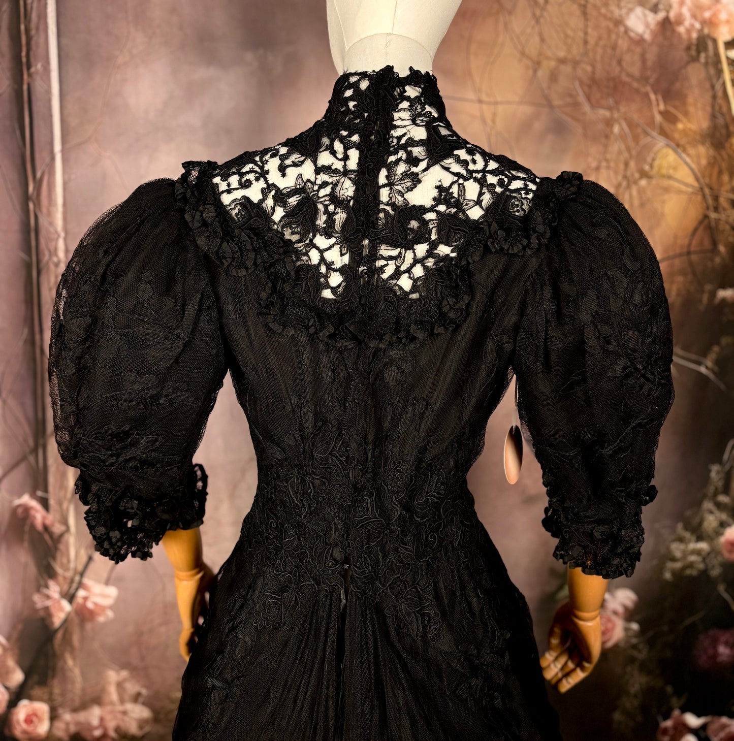1800s Victorian Black Mourning Gown, Silk & Lace Vintage Dress Sz M/L “Museum Pc