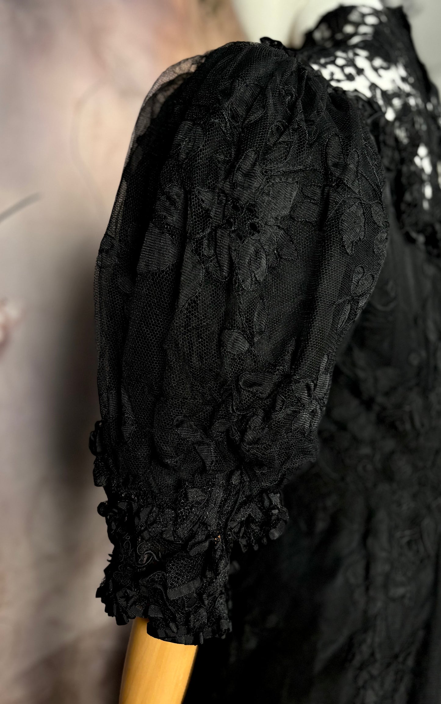 1800s Victorian Black Mourning Gown, Silk & Lace Vintage Dress Sz M/L “Museum Pc