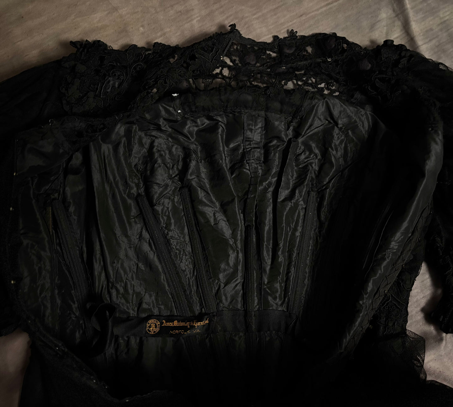 1800s Victorian Black Mourning Gown, Silk & Lace Vintage Dress Sz M/L “Museum Pc