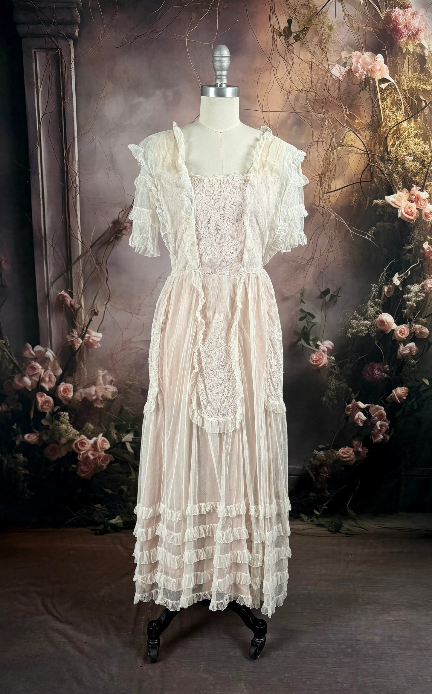 1910 Edwardian Dusty Pink Silk Charmeuse Ruffled Net Dress