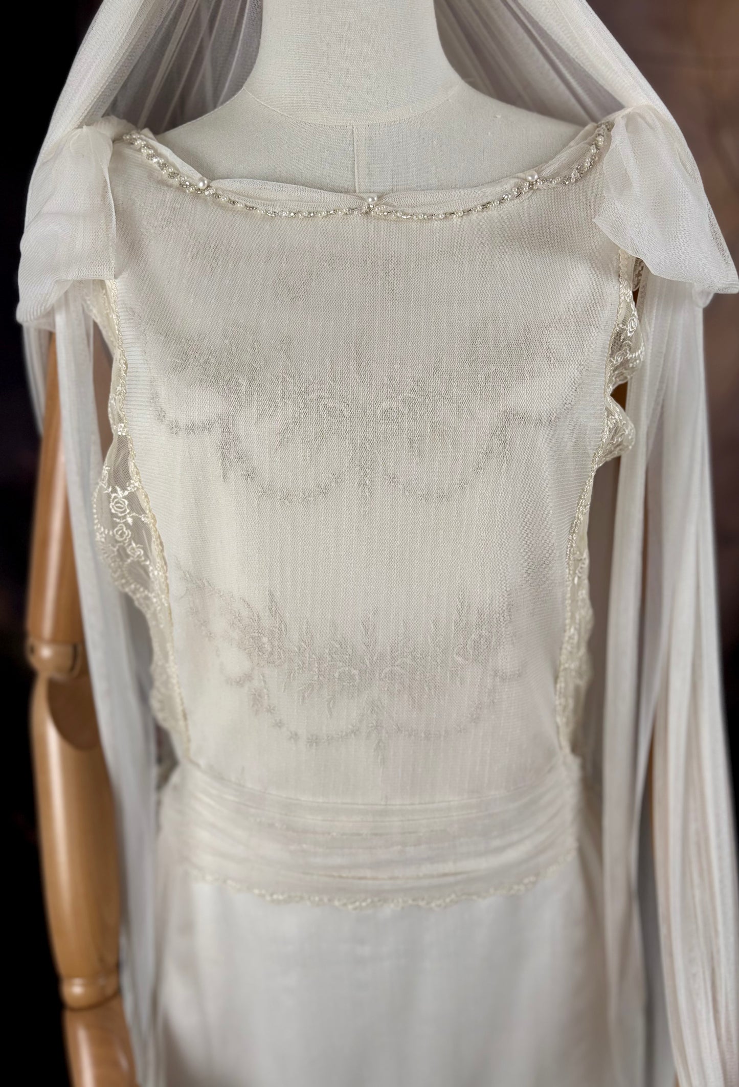 1920's Haute Couture Silk Tulle & Beaded Wedding Dress w/Juliet Veil