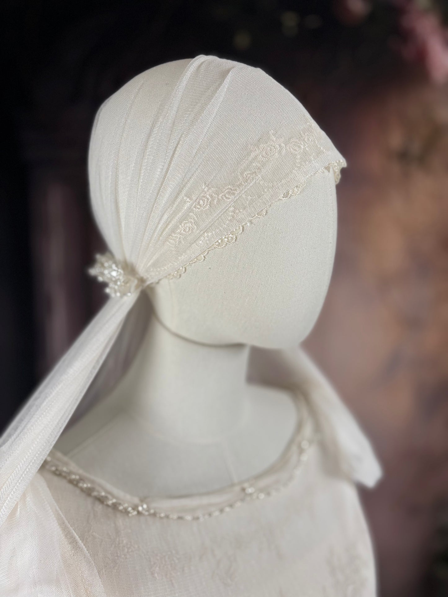 1920's Haute Couture Silk Tulle & Beaded Wedding Dress w/Juliet Veil