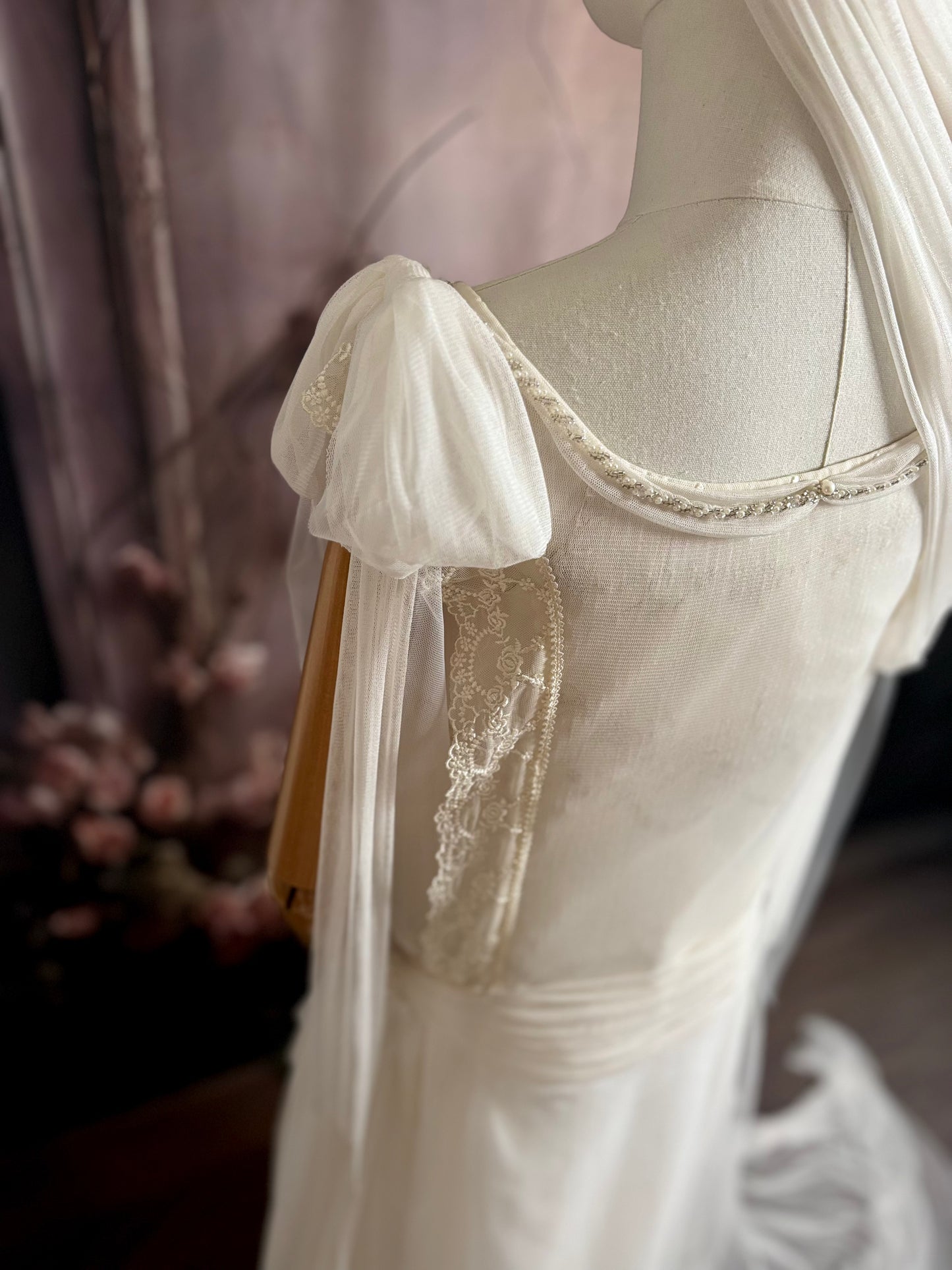 1920's Haute Couture Silk Tulle & Beaded Wedding Dress w/Juliet Veil