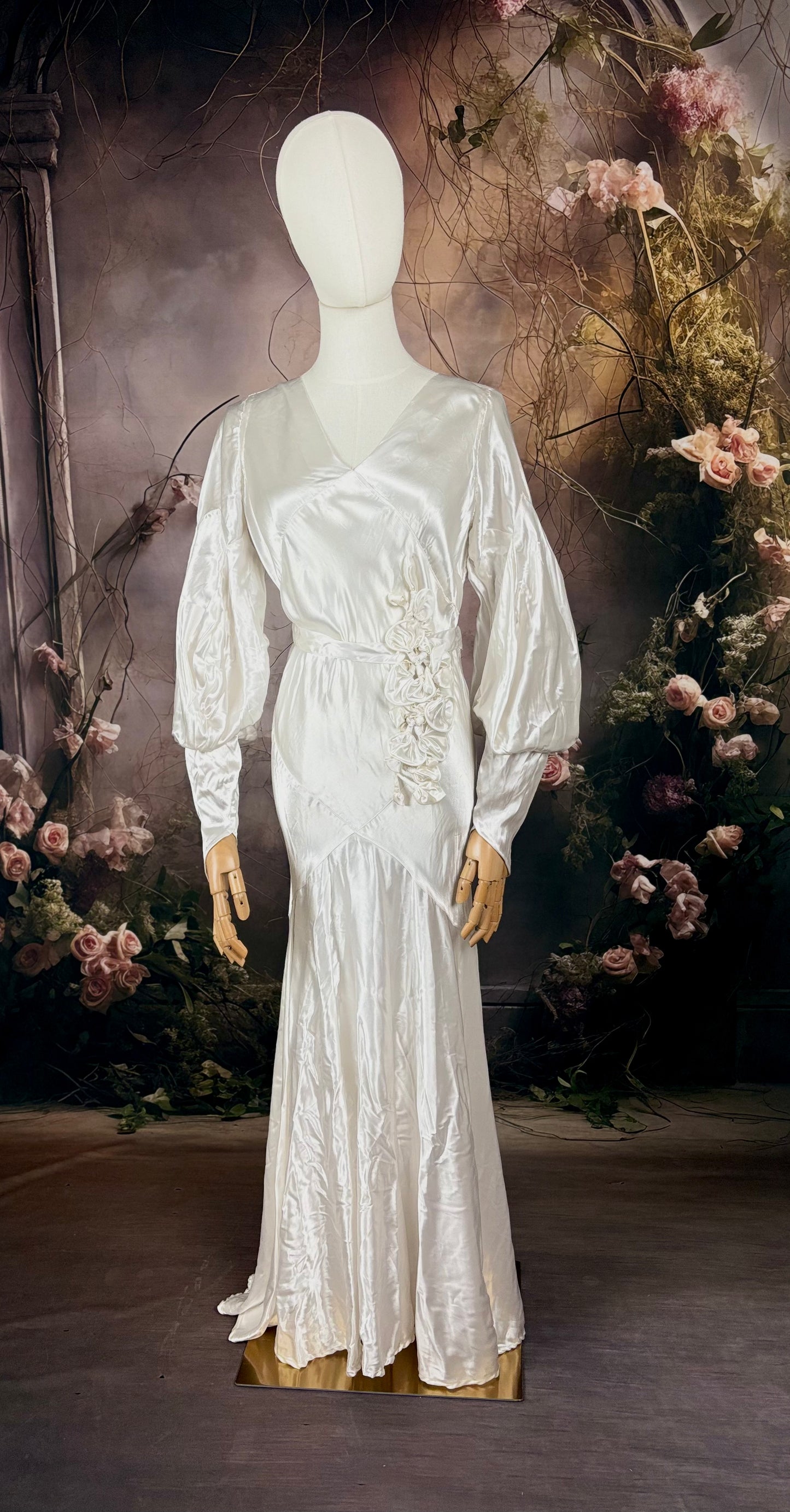 1930's Slipper Satin Wedding Dress w/Fitted Silhouette & Bishop Sleeves