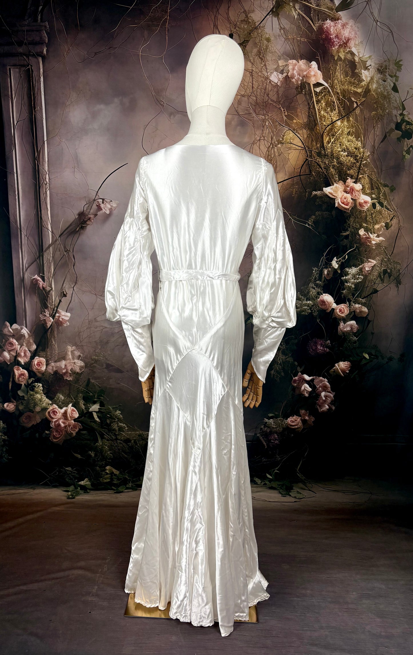 1930's Slipper Satin Wedding Dress w/Fitted Silhouette & Bishop Sleeves