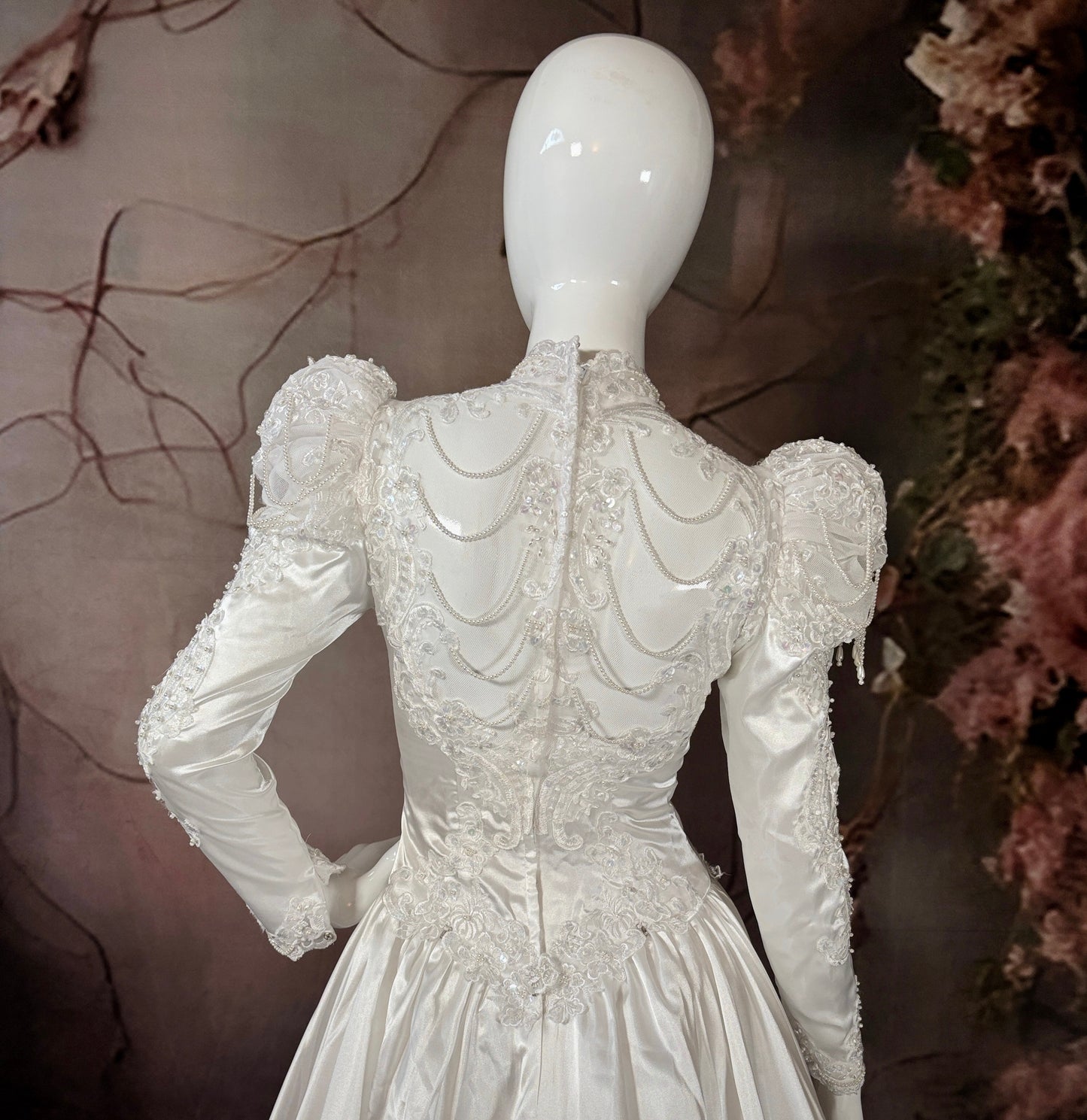1980's Satin Wedding Dress w/Beaded Puff Sleeves & Cathedral Train