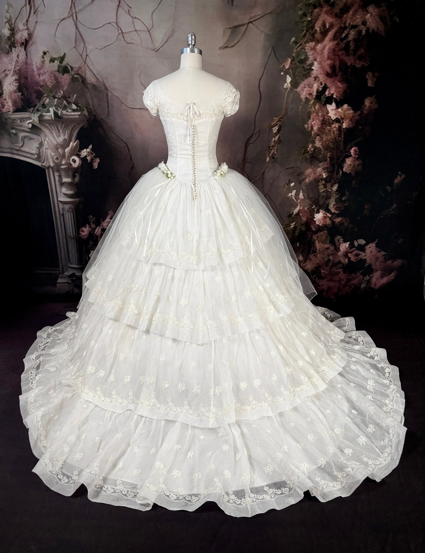 1950s Rose Embroidered Wedding Dress, w/Silk Buttons & Sweeping Train