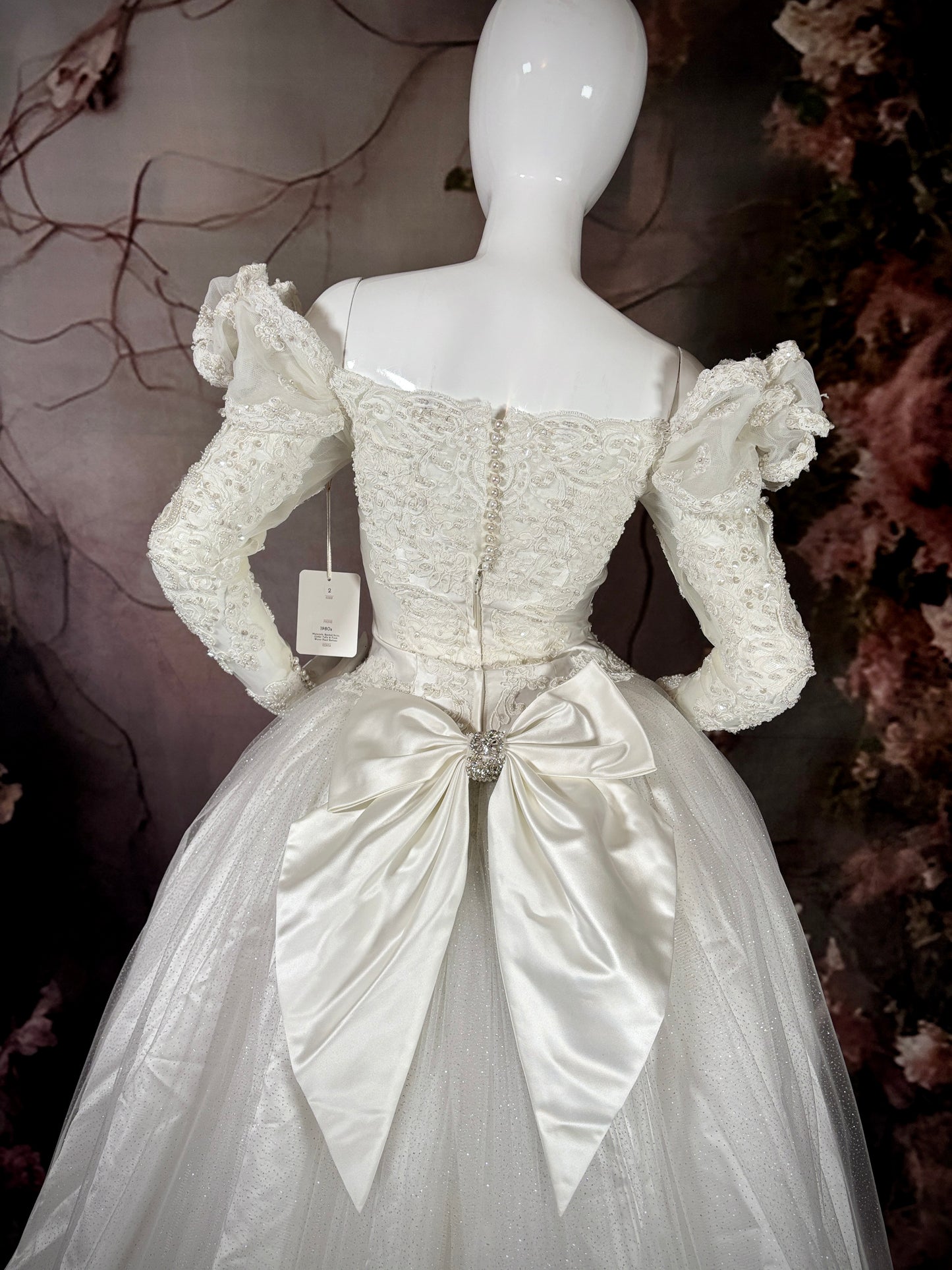 1980s Reimagined "Marie Antoinette" Satin & Glitter Tulle Wedding Dress w/Trailing Train