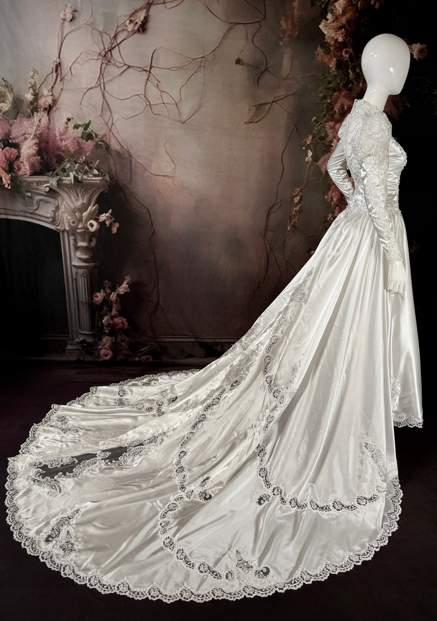 1980's Satin Wedding Dress w/Beaded Puff Sleeves & Cathedral Train