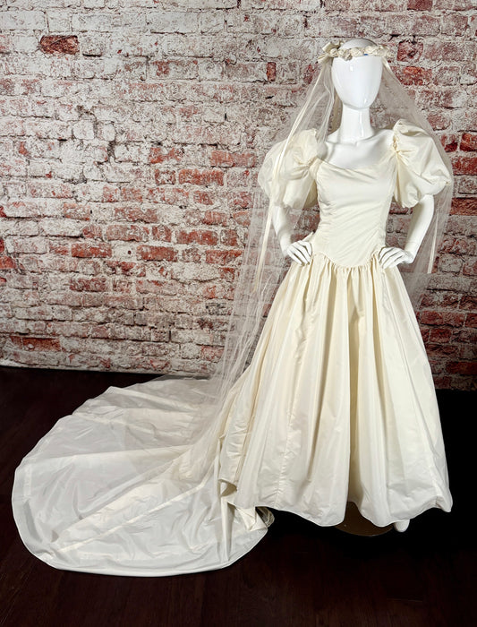 1980's Taffeta Wedding Dress w/Melon Sleeves, Veil & Trailing Train