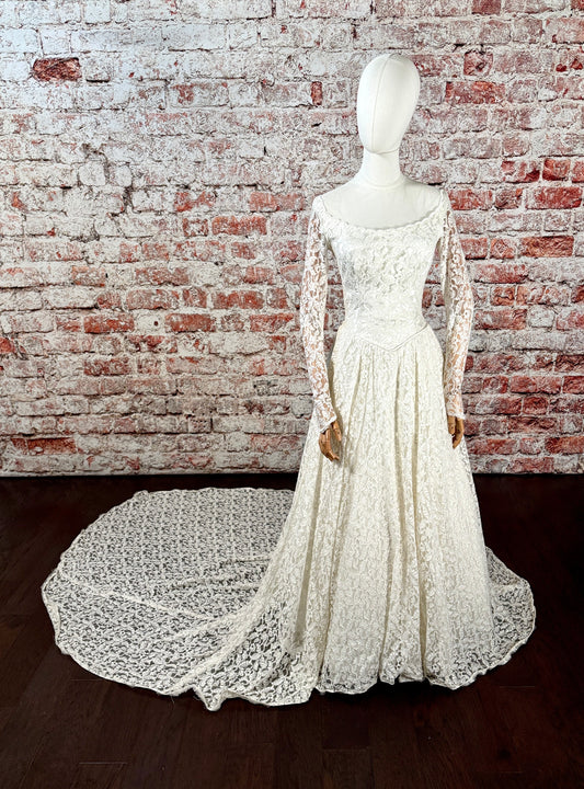 1950s Needlepoint Lace & Liquid Satin Wedding Dress w/Trailing Train