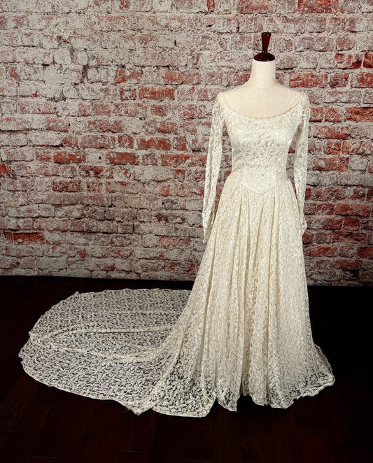 1940's Lace Slipper Satin Wedding Dress w/Train