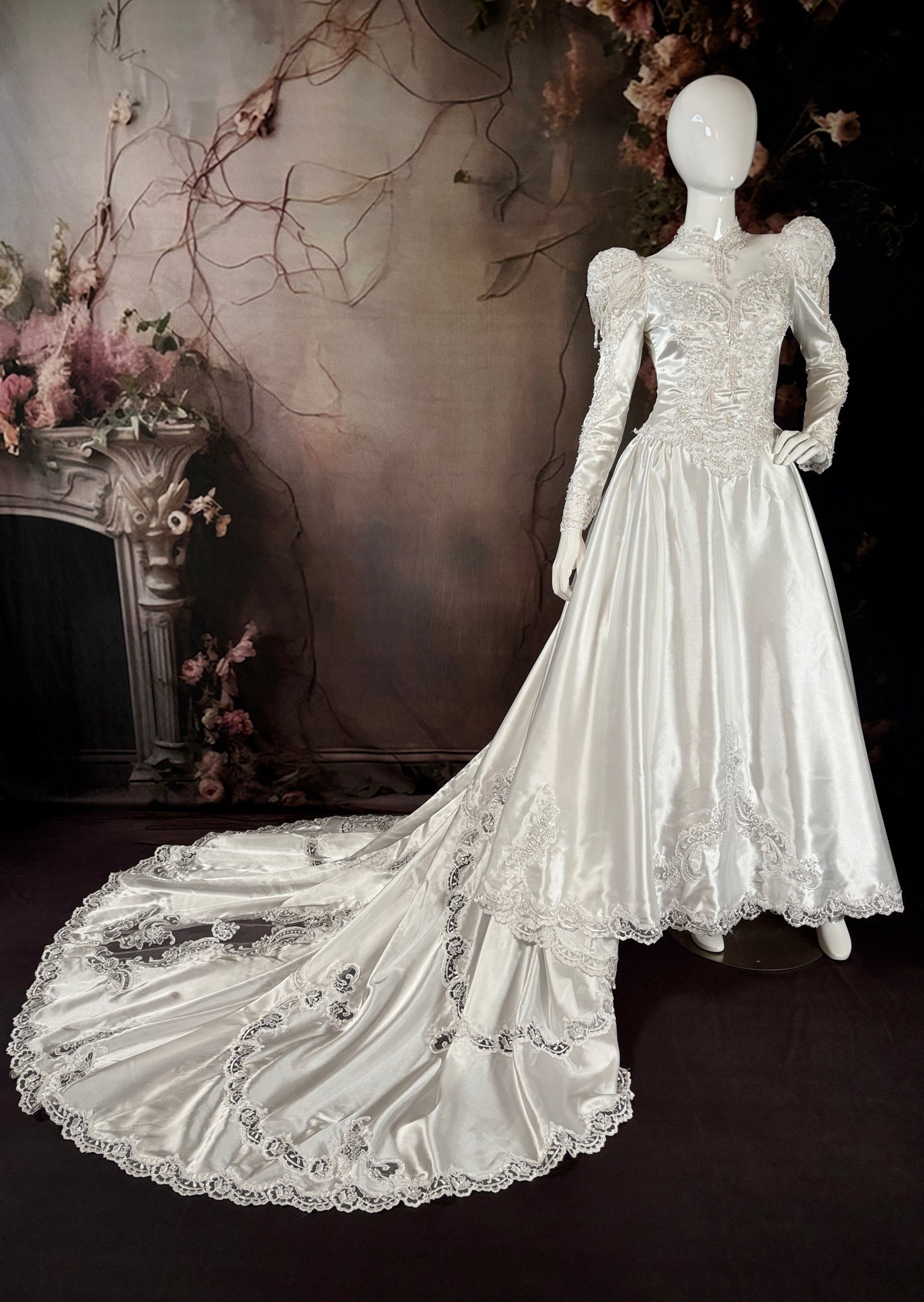 1980's Satin Wedding Dress w/Beaded Puff Sleeves & Cathedral Train