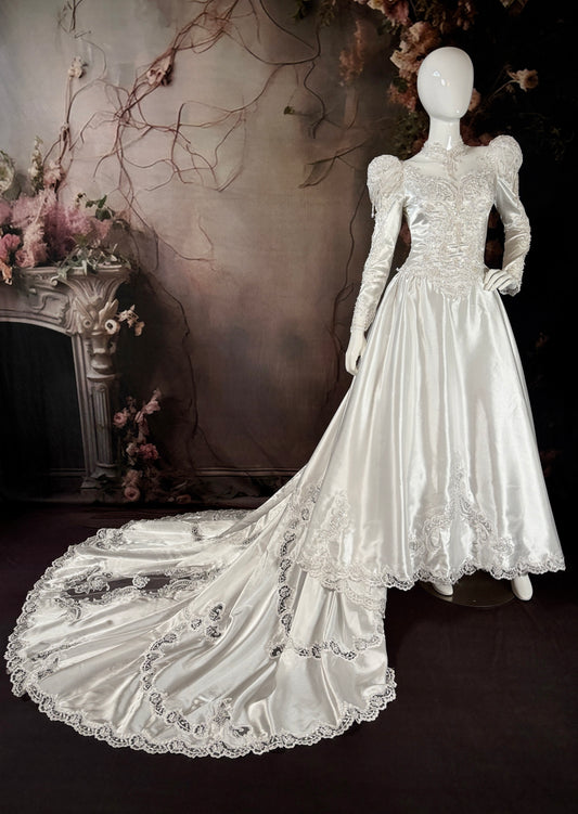 1980's Satin Wedding Dress w/Beaded Puff Sleeves & Cathedral Train