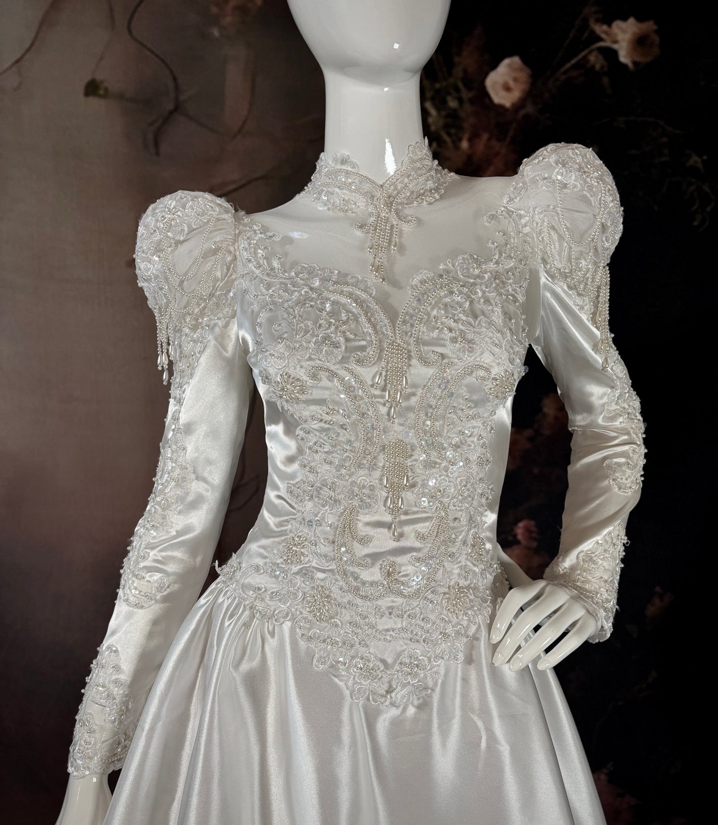 1980's Satin Wedding Dress w/Beaded Puff Sleeves & Cathedral Train