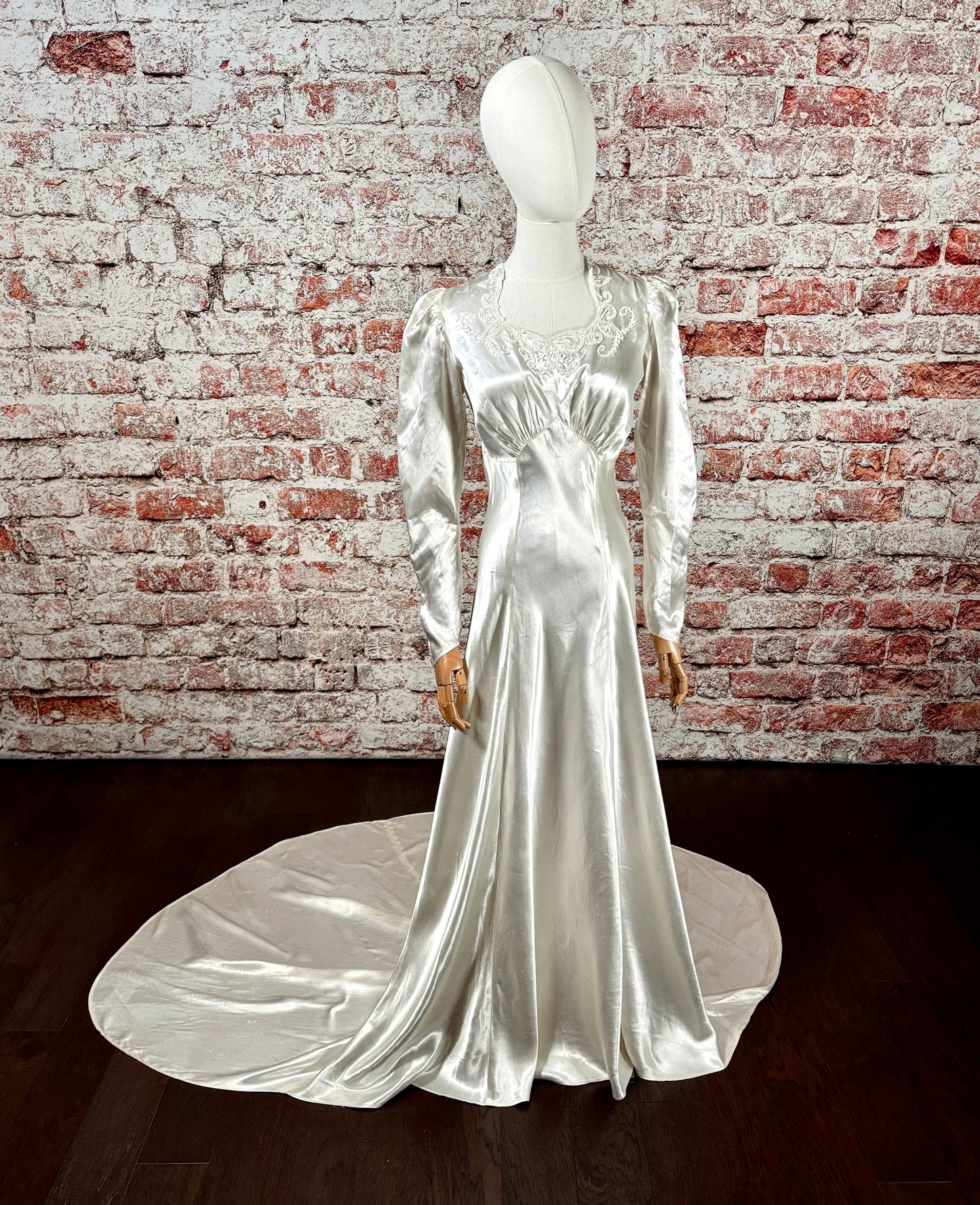 1930s Bias-Cut Charmeuse Satin Wedding Dress w/Sweeping Train