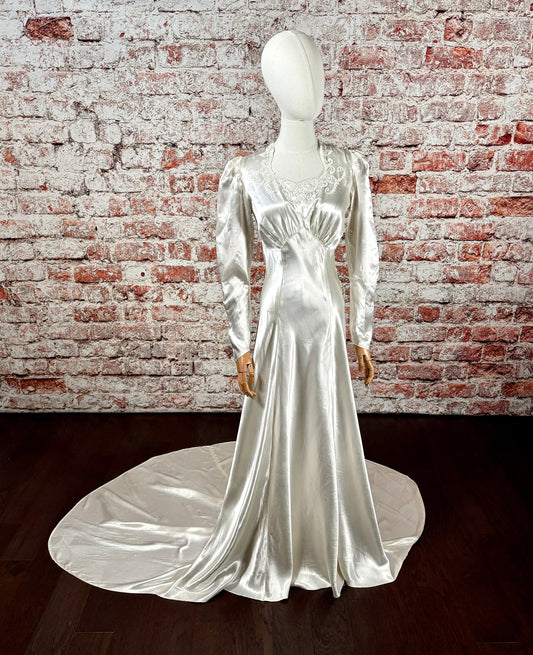 1930s Bias-Cut Charmeuse Satin Wedding Dress w/Sweeping Train