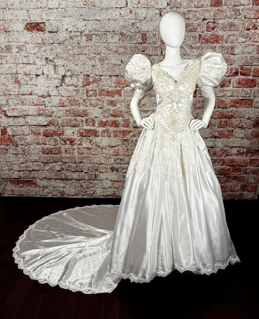 1980s Beaded Satin Wedding Dress w/Puff Sleeves w/Trailing Train