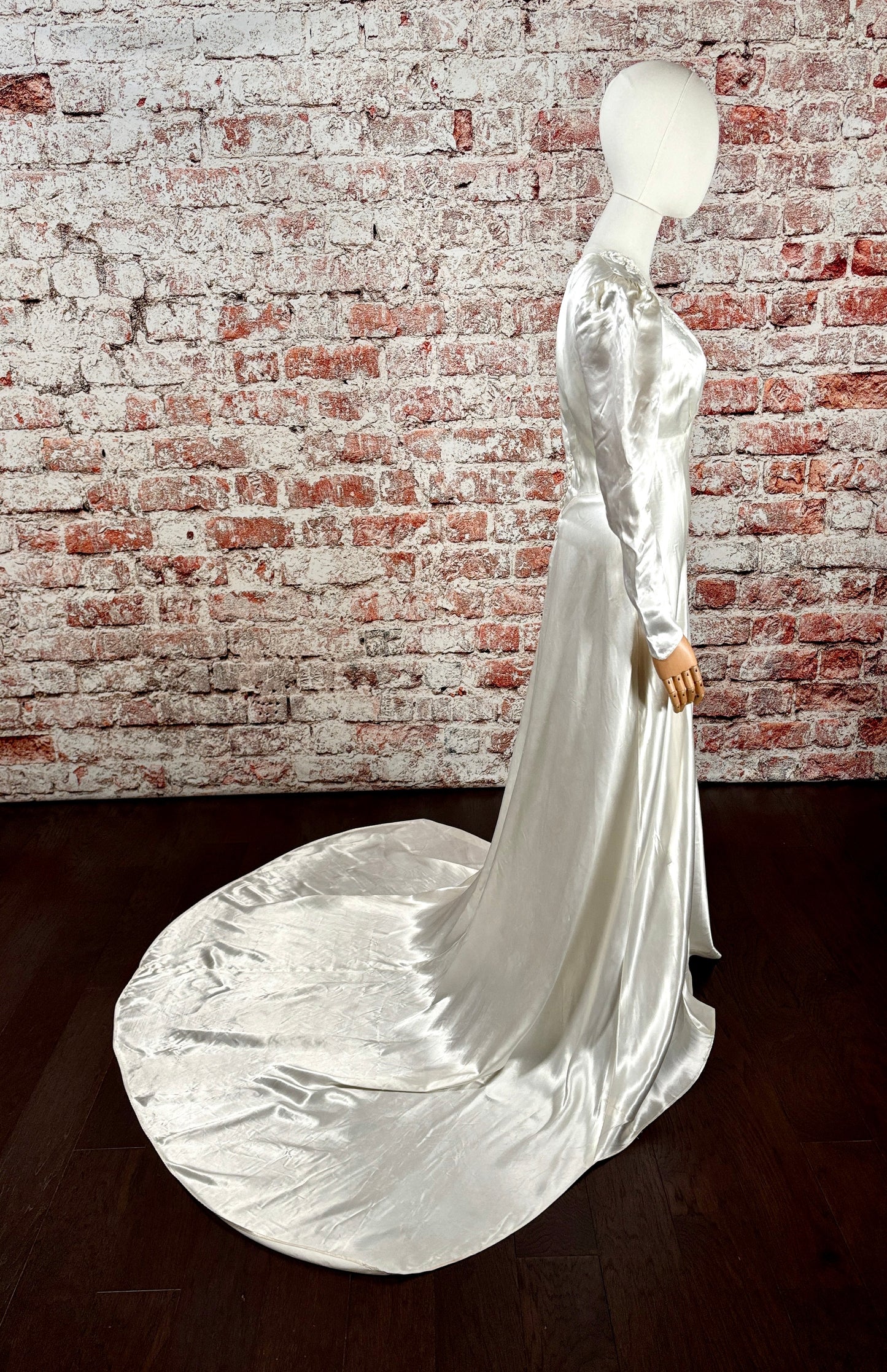 1930s Bias-Cut Charmeuse Satin Wedding Dress w/Sweeping Train