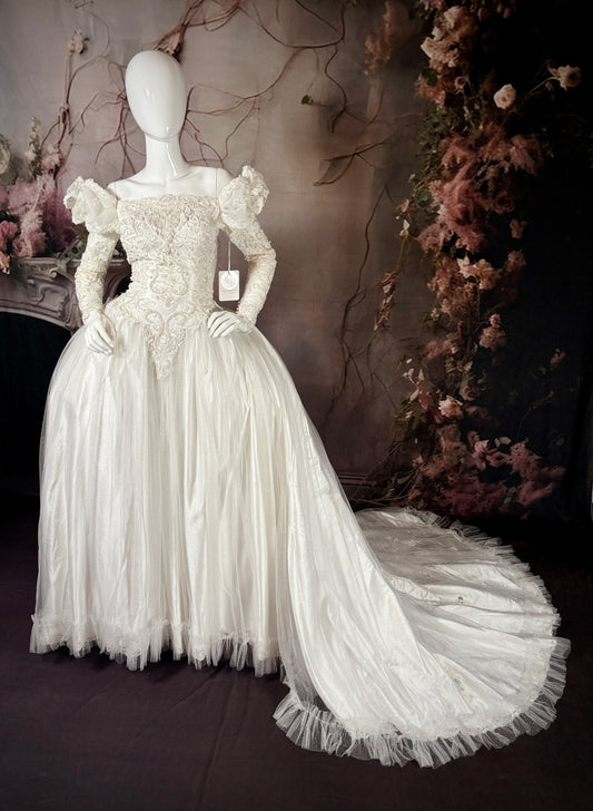1980s Reimagined "Marie Antoinette" Satin & Glitter Tulle Wedding Dress w/Trailing Train