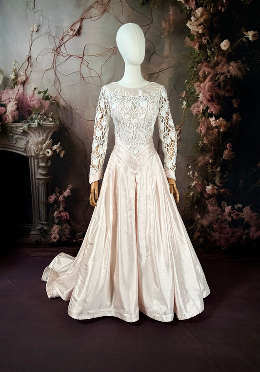 1998 Shantung & Beaded Venice Lace Wedding Dress in Blush Pink w/Sweeping Train