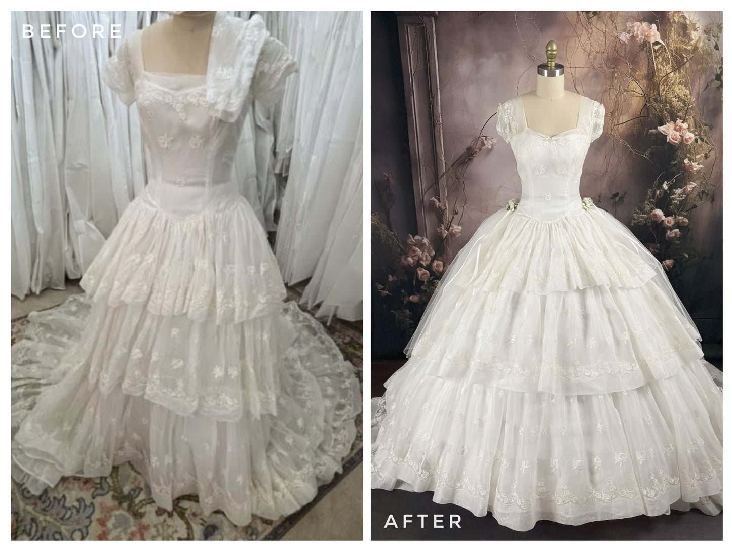 1950s Rose Embroidered Wedding Dress, w/Silk Buttons & Sweeping Train