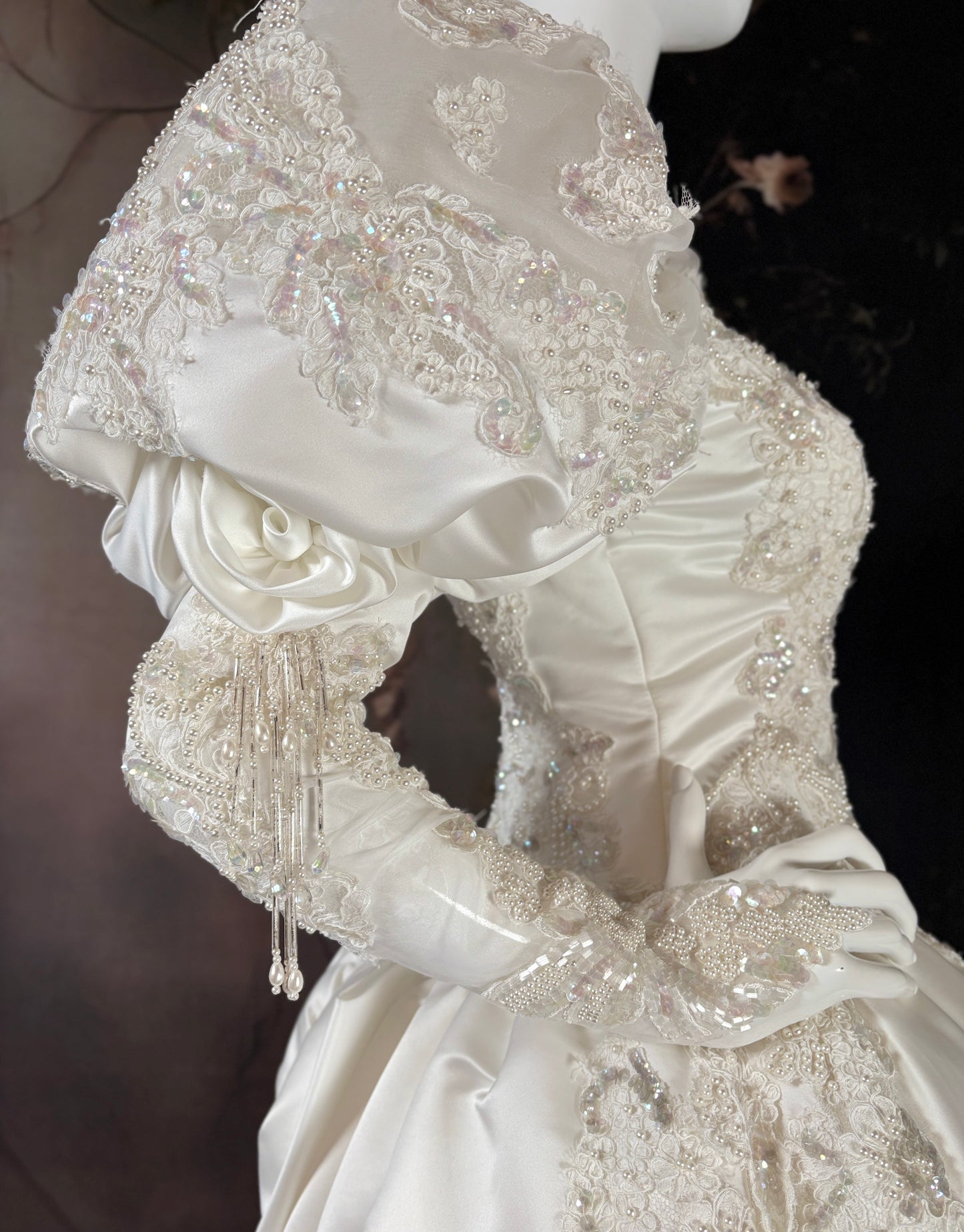 1980s Duchess Satin Wedding Dress  w/Juliet Puff Sleeves & Trailing Train