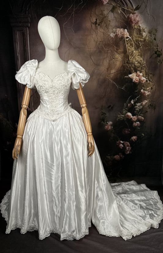 1980's Satin Wedding Dress w/Sweetheart Neckline, Melon Sleeves & Trailing Train