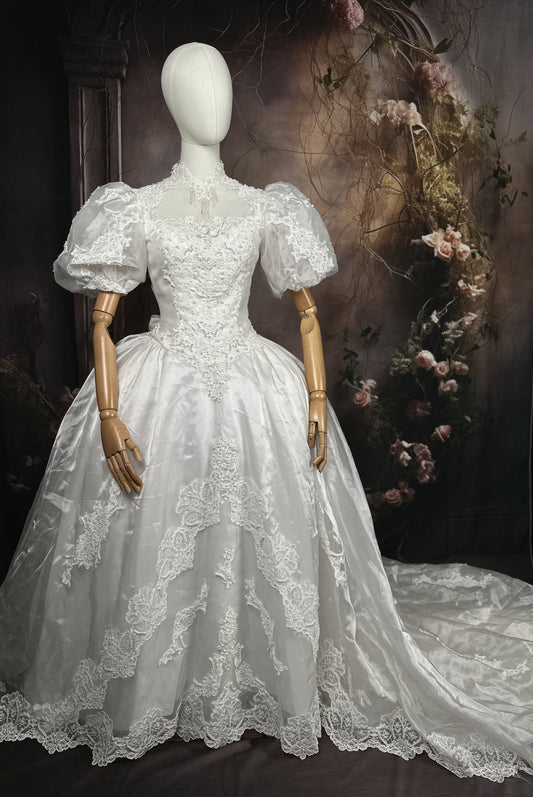 1980's Organza Beaded Lace Wedding Dress w/Puff Sleeves & Trailing Train