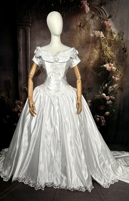 1990's Satin Beaded Rose Wedding Dress, Off the Shoulder & Trailing Train