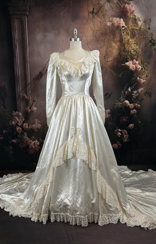 1940's Slipper Satin Wedding Dress w/Lace Ruffles & Bow Appliques
