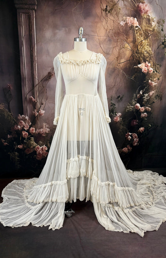 1940's Silk Chiffon Wedding Dress w/Tiered Ruffles
