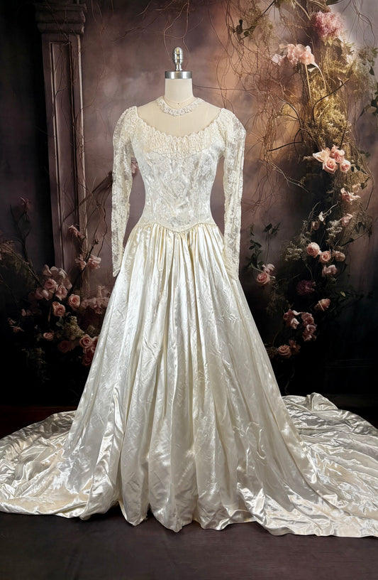 1940's Candlelight Satin & Lace Wedding Dress w/Trailing Train