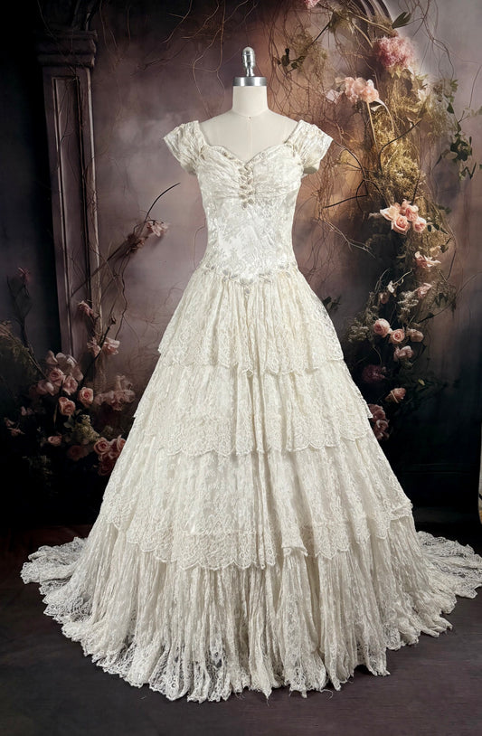 1940's Tiered Lace Wedding Dress w/Beaded Accents